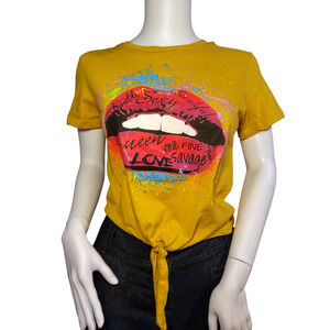 On Fire Womens Pullover Cropped Fringes Lips T-shirt Mouth Small 100% Cotton